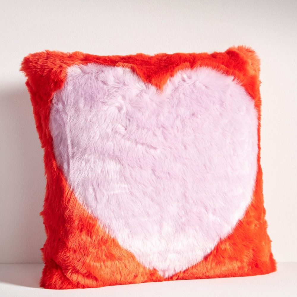 Anthropologie Faux Fur Sophie Orange Halloween Heart Pillow 18x18 Square Set 2